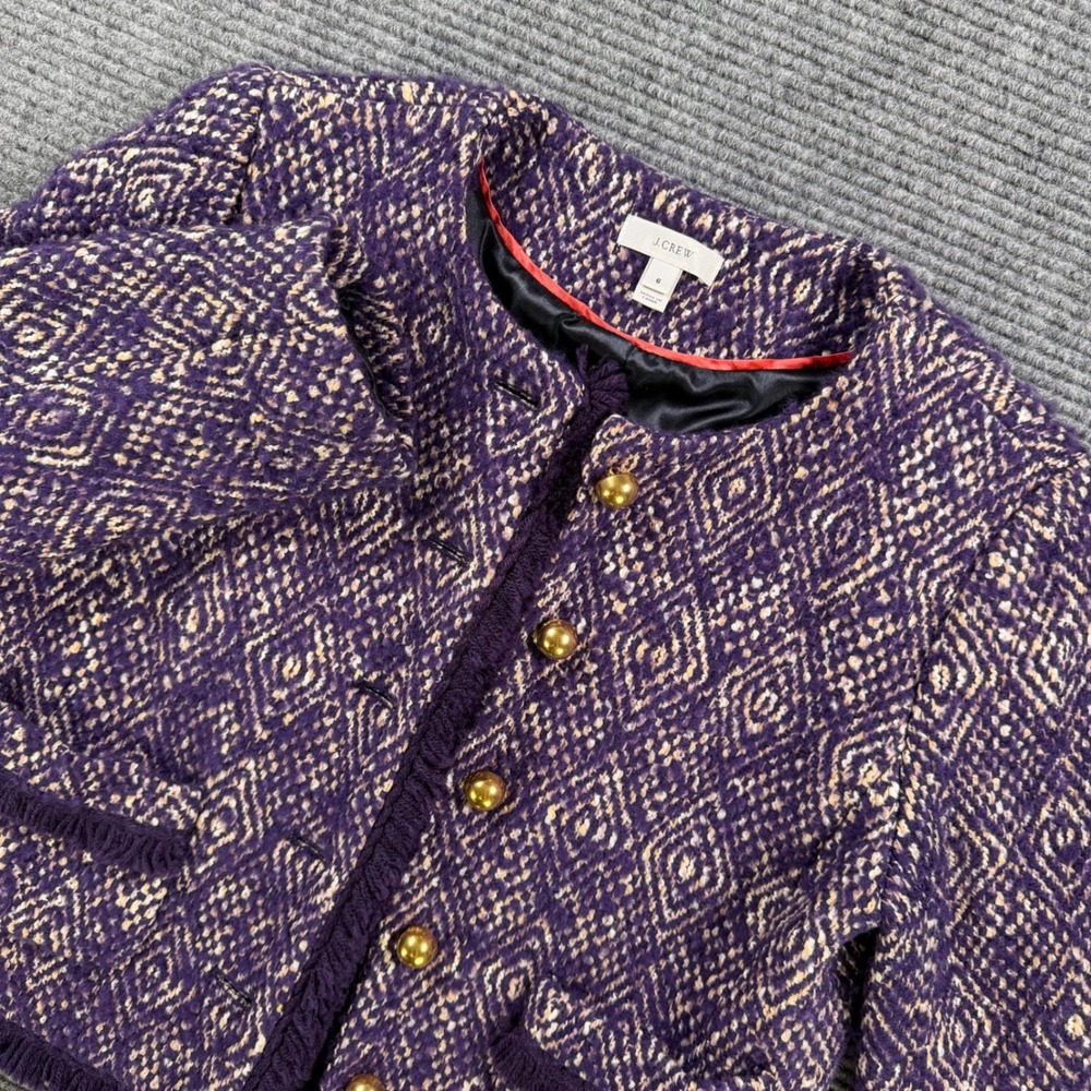 J.Crew Purple‎ Diamond Tweed Jacket Womens 6 Gold Button Fringe Trim Wool Blend